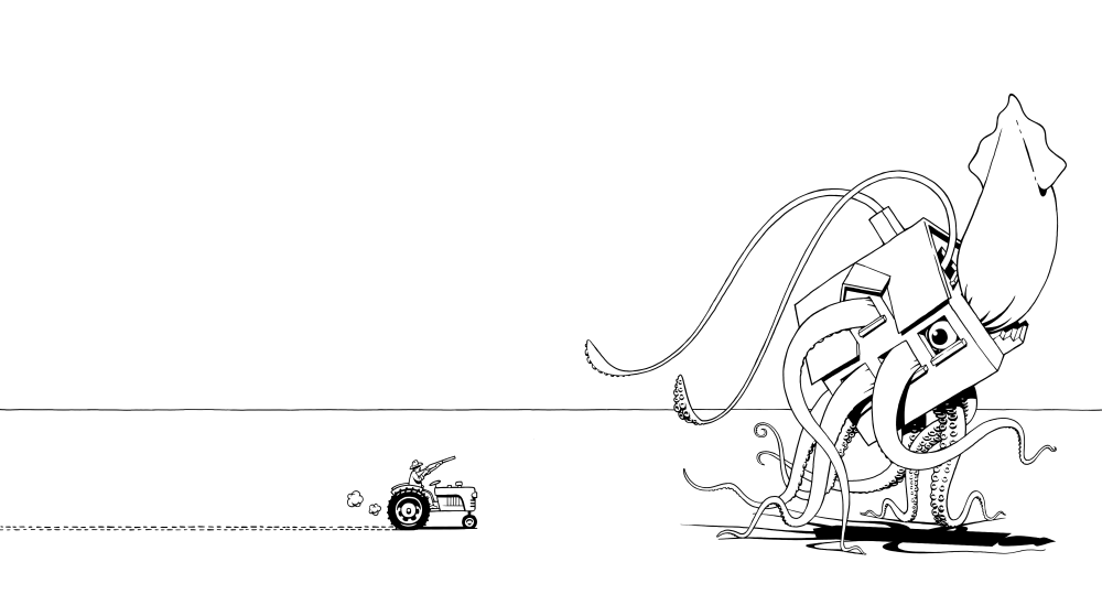 Farmer chasing a giant squid who has stolen his house