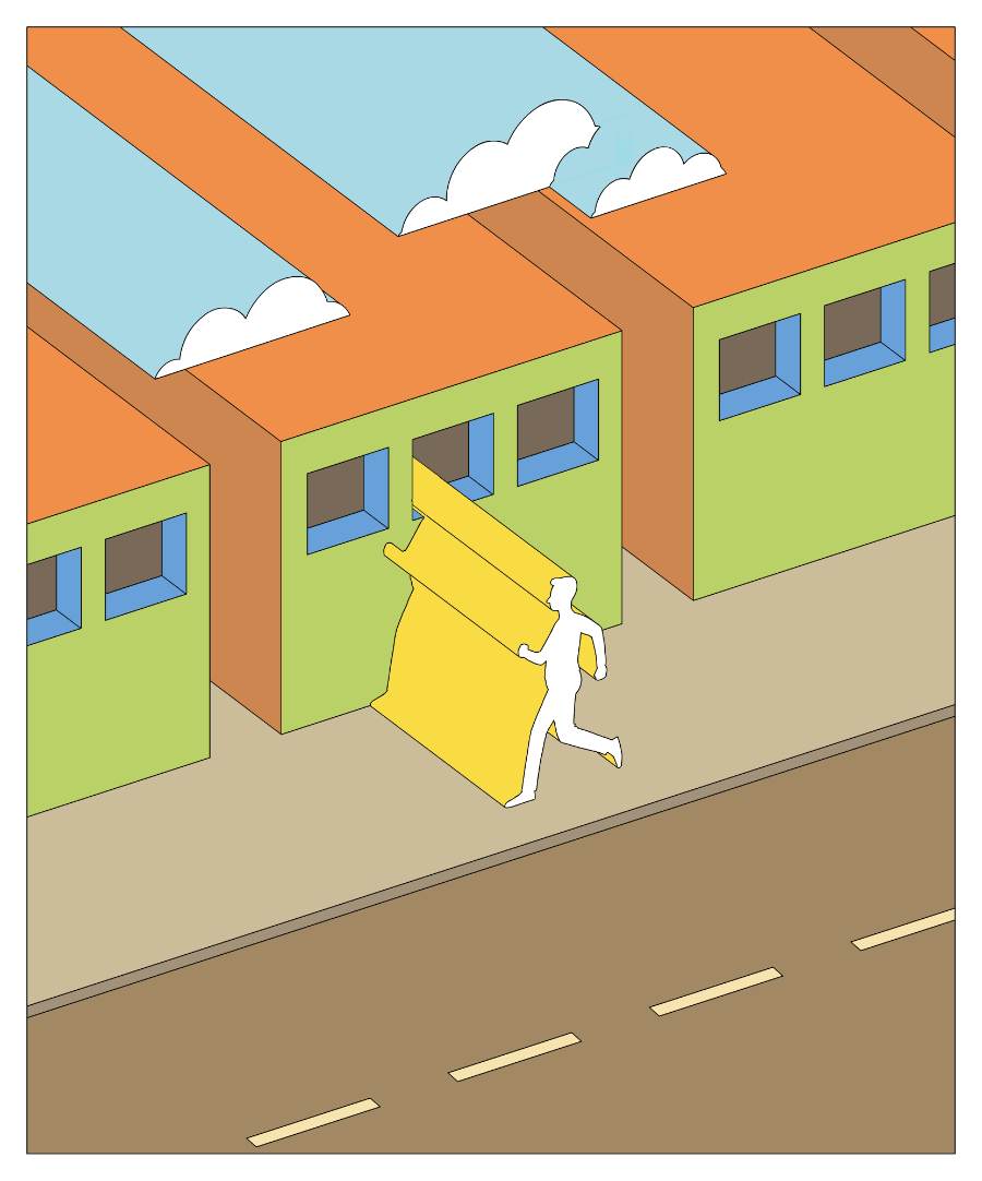 Extruded 2D man walks along 2D extruded street