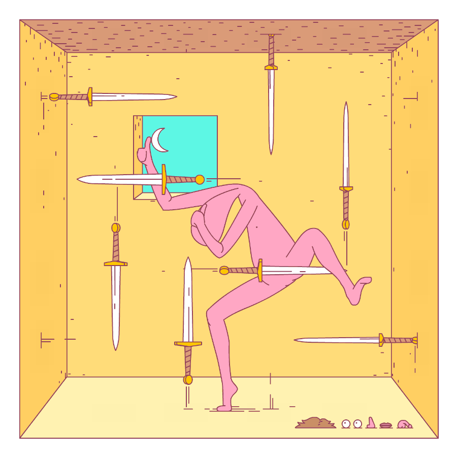 Weird naked dancing man avoids flying squids in order to advertise noodles.